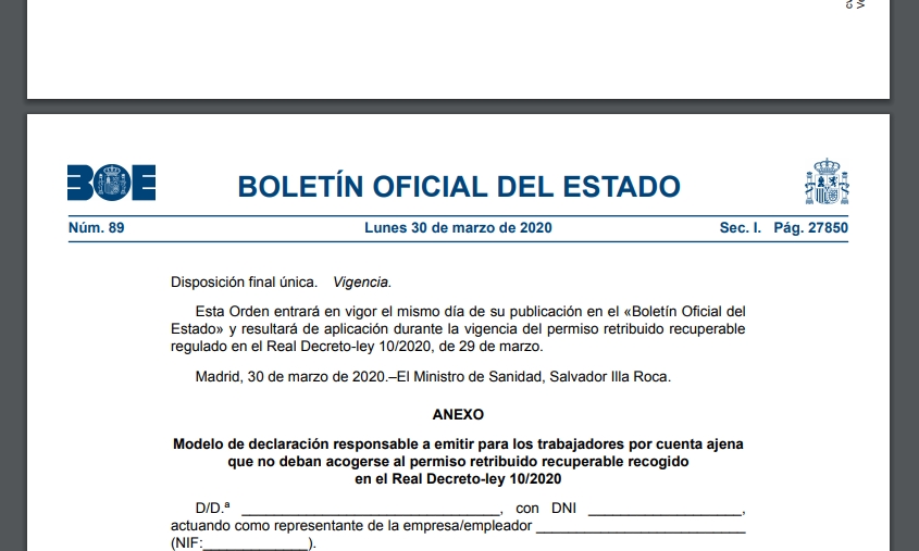 BOE A 2020 4196 Modelo a emitir por las empresas de declaración responsable para los empleados de actividades esenciales