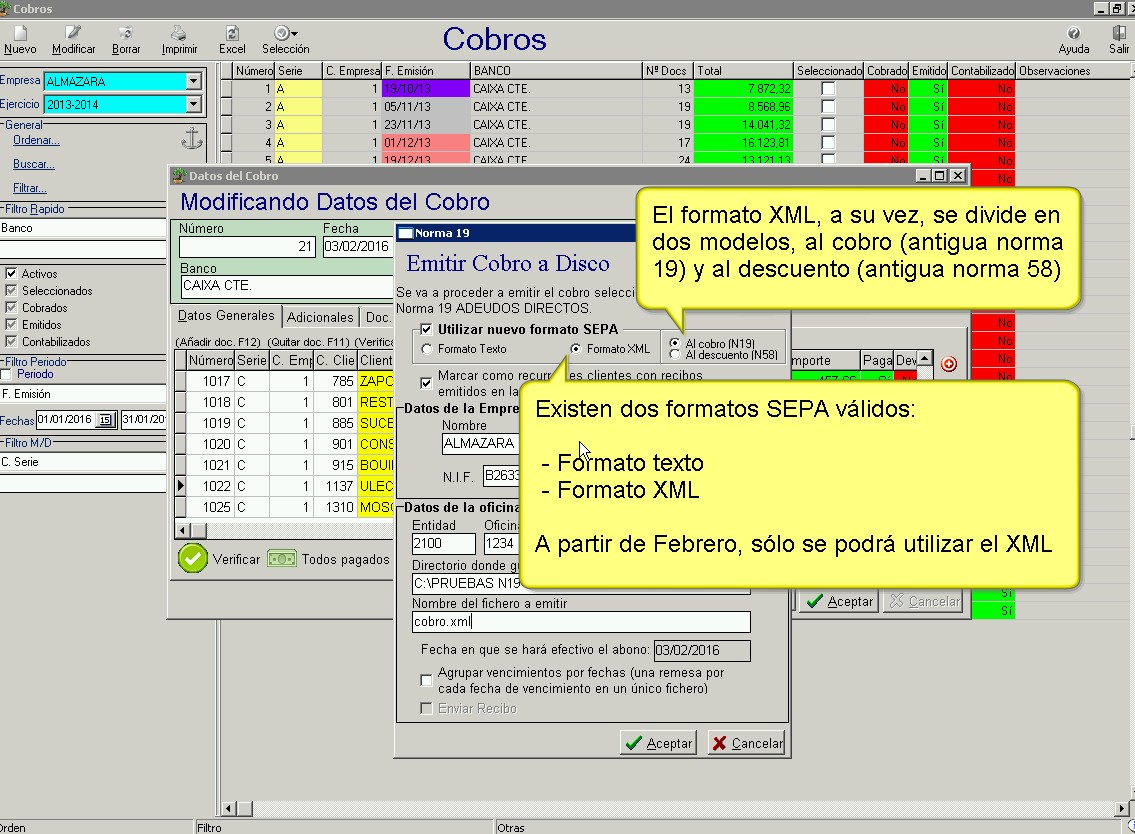 Nuevo formato SEPA XML para la norma 19 y la norma 58 en el software (programa) de gestión GNERP