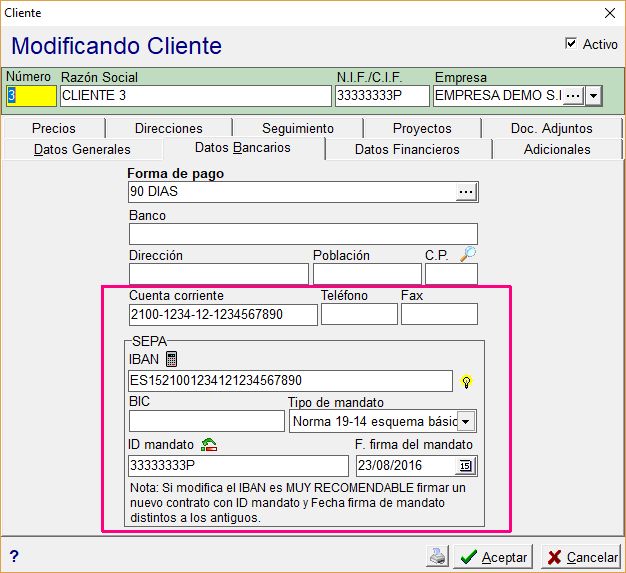 Ficha del cliente con los datos de configuración del IBAN, identificador de mandato, fecha de mandato,...