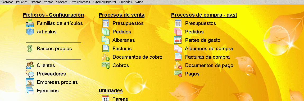 Programa / software GN ERP para gestión avanzada de empresas: clientes, proveedores, artículos, stocks, almacenes, trazabilidad, comerciales, presupuestos, pedidos, albaranes, facturas, recibos SEPA, cheques, pagarés, producción, tareas, proyectos,...